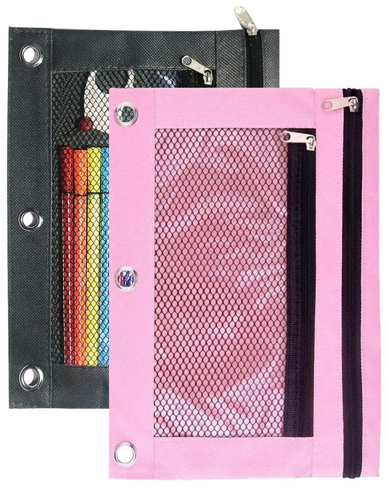 SORDIM 3 Ring Binder Pencil Pouch, 2 Pack Pencil Pouches with Zipper-Pencil Case with Double Pocket and Mesh Window (pink and grey) - Image 1